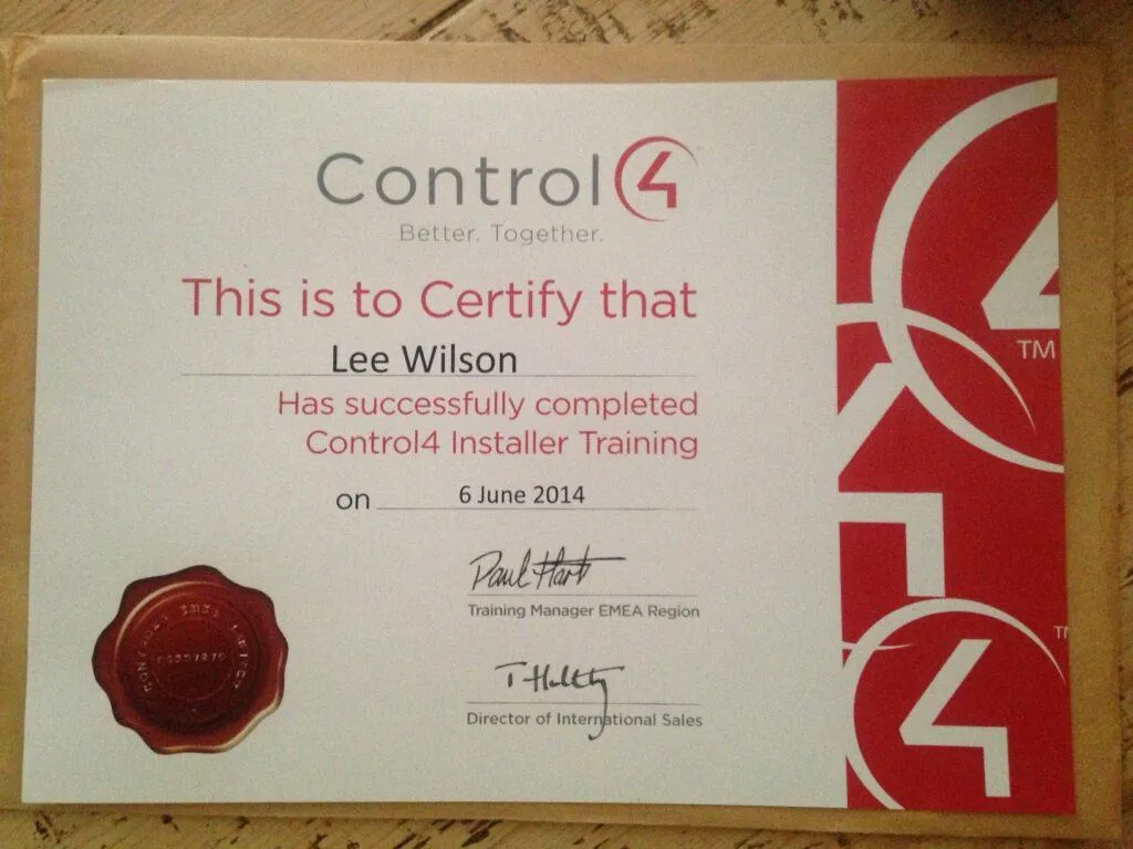 Control4 installer training certificate awarded to Lee Wilson on 6 June 2014