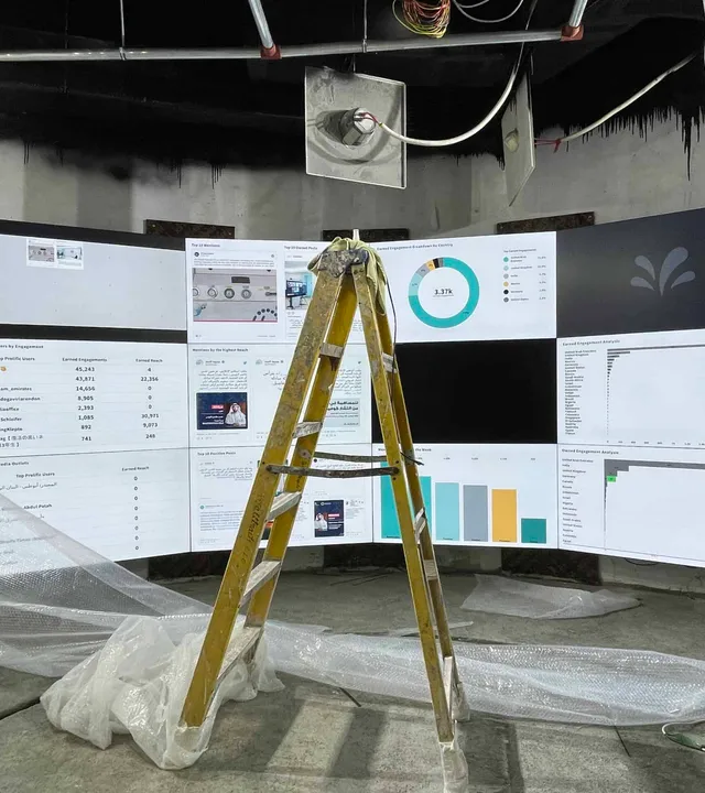 Curved videowall being commissioned on site with a stepladder in front of it