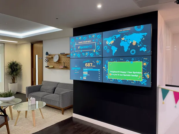 Four-screen videowall in a reception lounge displaying a world map and live statistics