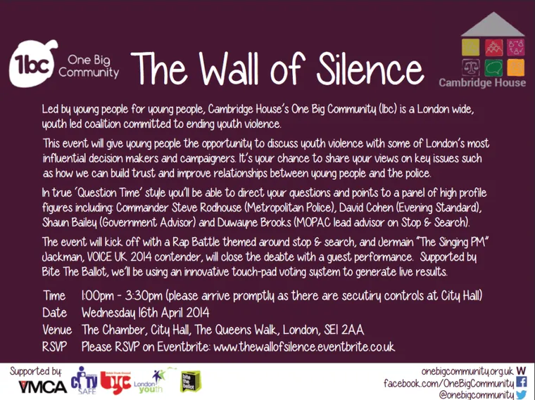 Event flyer for The Wall of Silence debate at The Chamber, City Hall, London, organised by One Big Community