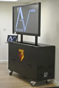 AV2events mobile display unit with the Watford FC crest in a hospitality suite